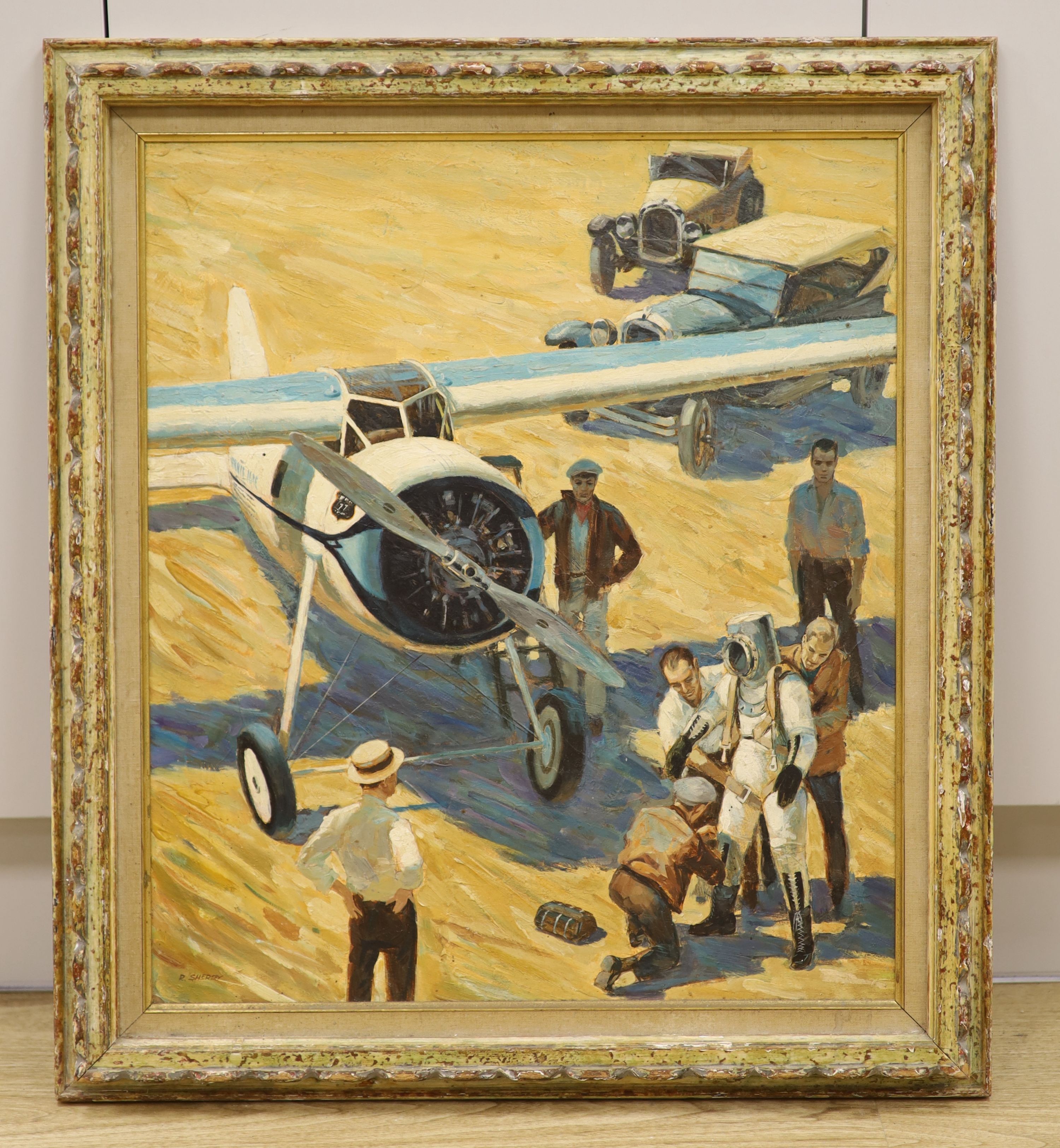 Robert C. Sherry, oil on board, Light General Precision, Illustration of a Wiley Post alongside aircraft Winnie May, signed, 57 x 50cm